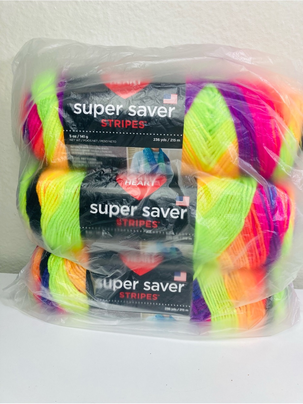 3 NEW FACTORY SEALED Red Heart Super Saver Yarn: Bright Stripes 100% Acrylic